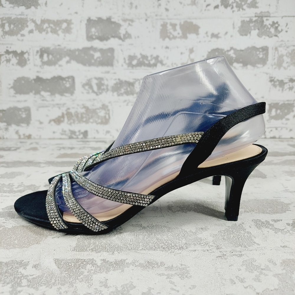 New Nina Noura Black Glitter Crystal Slingback Mid-Heel Evening Sandals E308